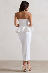 White Bodycon Bandeau Midi Dress With Peplum Detail